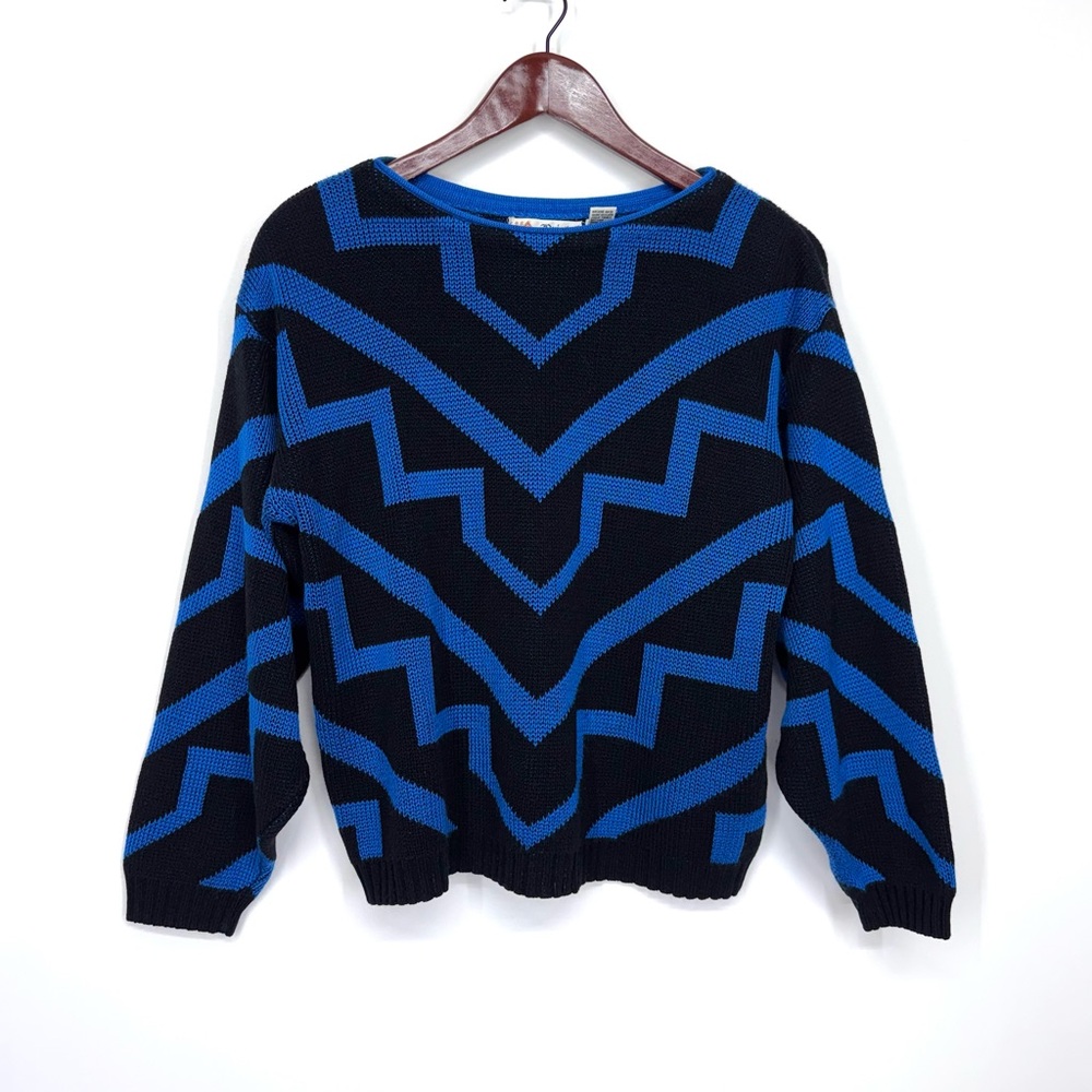 Vintage Bristol Court Black & Blue Zig Zag Striped Crewneck Sweater Size Medium